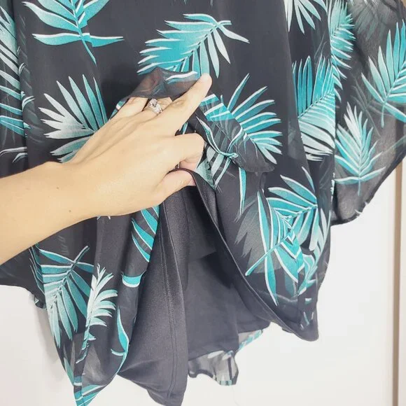 Women's Black Teal Leaf Print Cap Sleeves Tank Top Underneath Blouse Plus Size - Picture 3 of 8